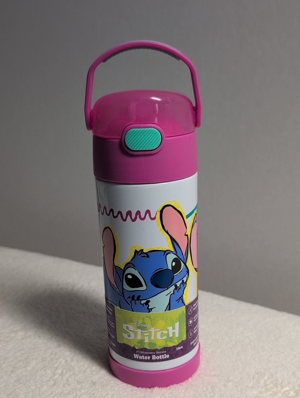 Disney Pink Stitch Kids Water Bottle with Turquoise Accent Thermos 14 Oz 410ml